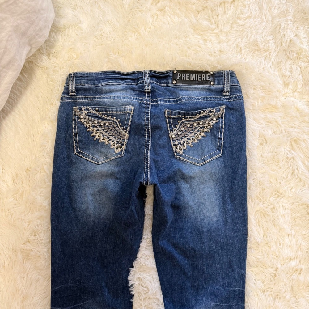 Premiere by rue21 Womens Skinny Jeans Dark Wash Rhinestone Wing Pocket 9/10R